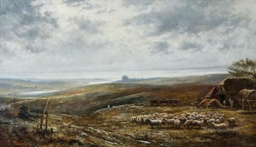 Animal Painting - Weite Landschaft mit Schafsherde unter bewolktem Himmel Enrico Coleman shepherd